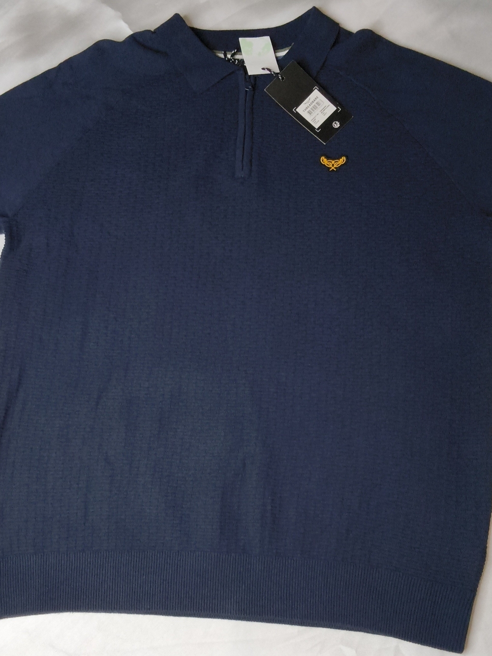 Men's Navy Half-Zip Polo with Gold Crest Detail
